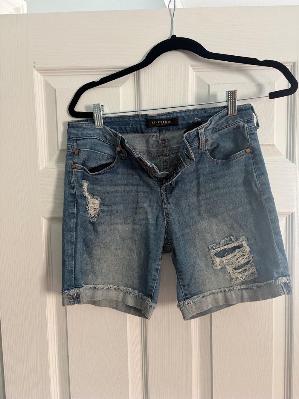 Liverpool Jeans Company Light Wash Distressed Rolled-Hem Jean Shorts